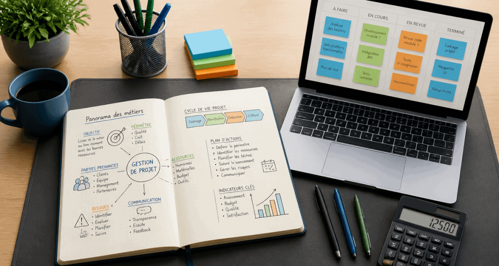 Bureau avec outils gestion de projet métier et carnet