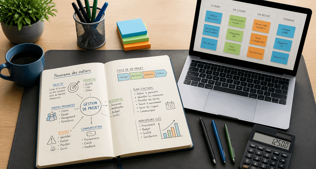 Bureau avec outils gestion de projet métier et carnet