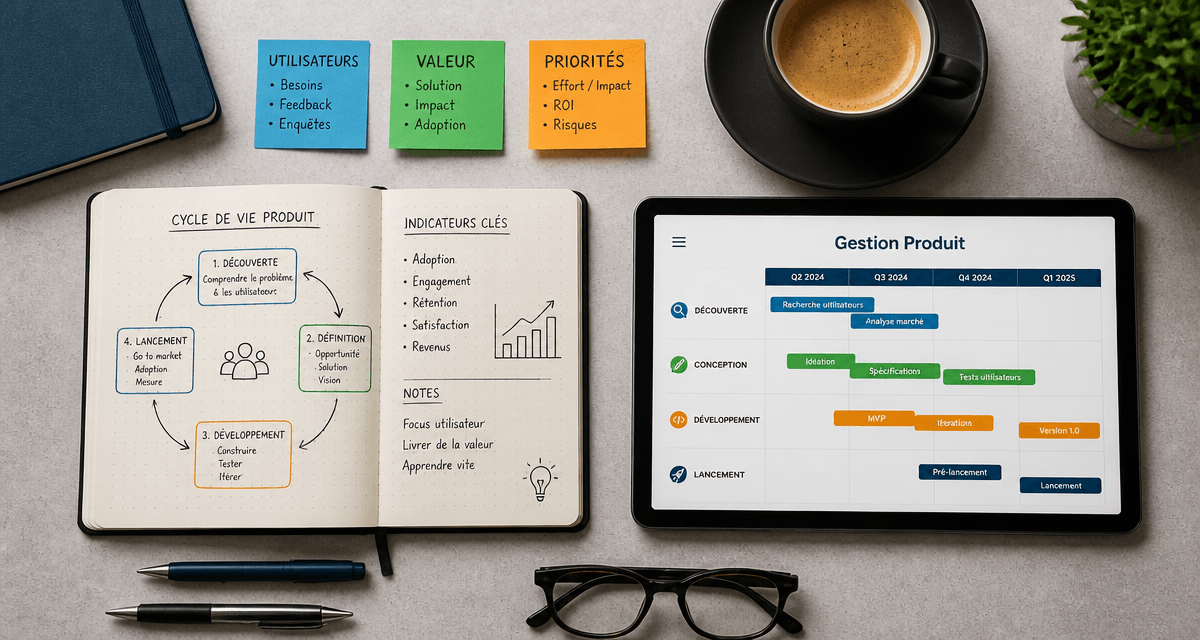 Bureau gestion produit avec roadmap et carnet