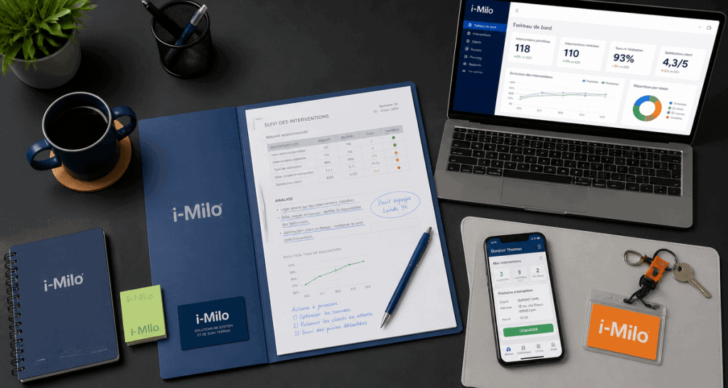 bureau moderne avec dossier et badge i milo