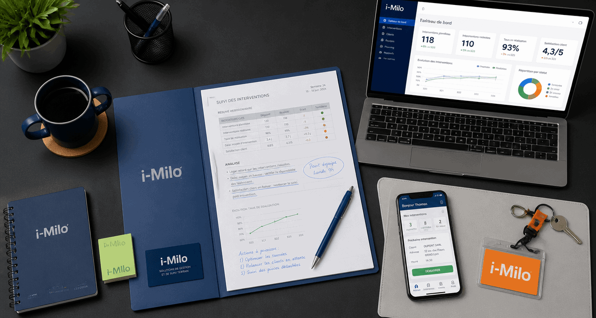bureau moderne avec dossier et badge i milo