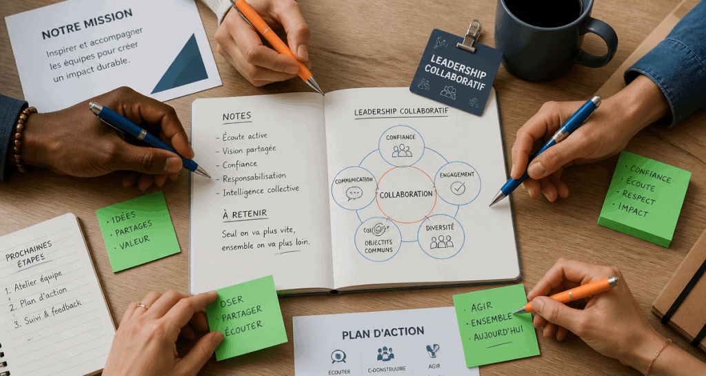 leadership collaboratif bureau carnet équipe multiculturelle