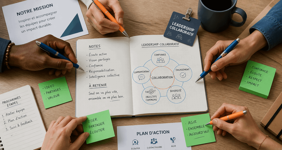 leadership collaboratif bureau carnet équipe multiculturelle
