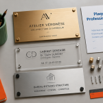 Plaque profession libérale en laiton plexiglas aluminium sur bureau