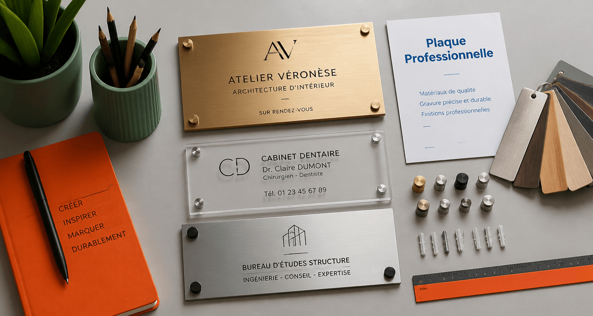 Plaque profession libérale en laiton plexiglas aluminium sur bureau