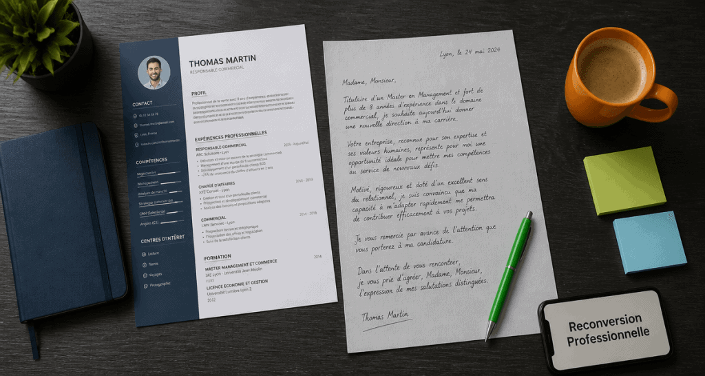 reconversion lettre de motivation CV sur table