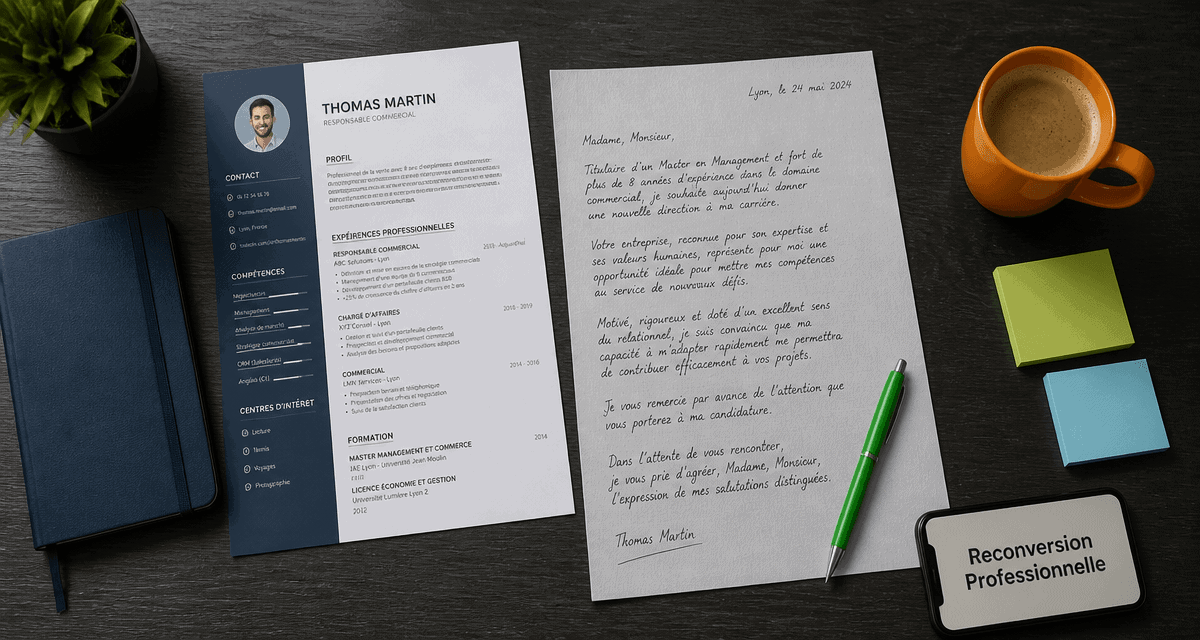 reconversion lettre de motivation CV sur table