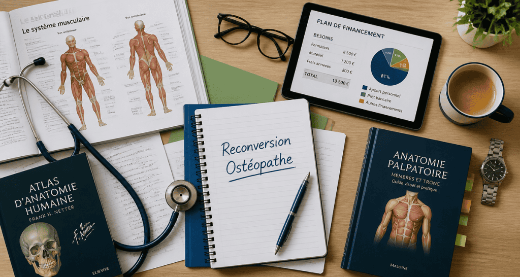 reconversion osteopathe flat-lay bureau