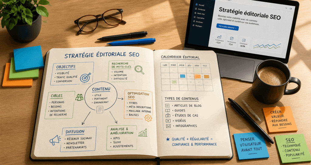 stratégie éditoriale pour le seo sur bureau moderne