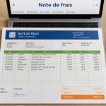 tableau note de frais sur bureau avec reçus et calculatrice