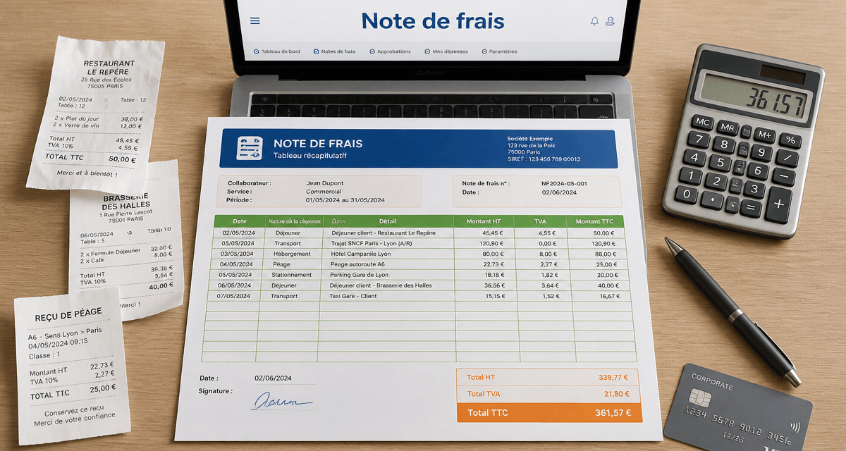 tableau note de frais sur bureau avec reçus et calculatrice