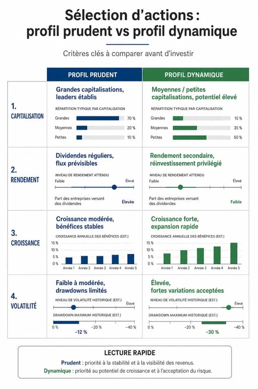 Infographie comparant les critères pour choisir la meilleure action bourse selon le profil d'investisseur