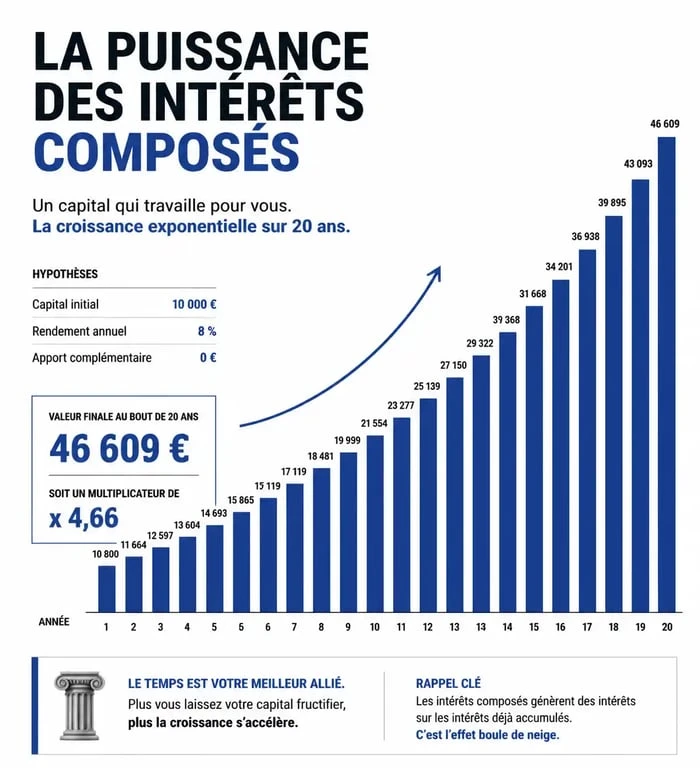 Graphique illustrant la croissance du capital avec les intérêts composés pour débuter en investissement