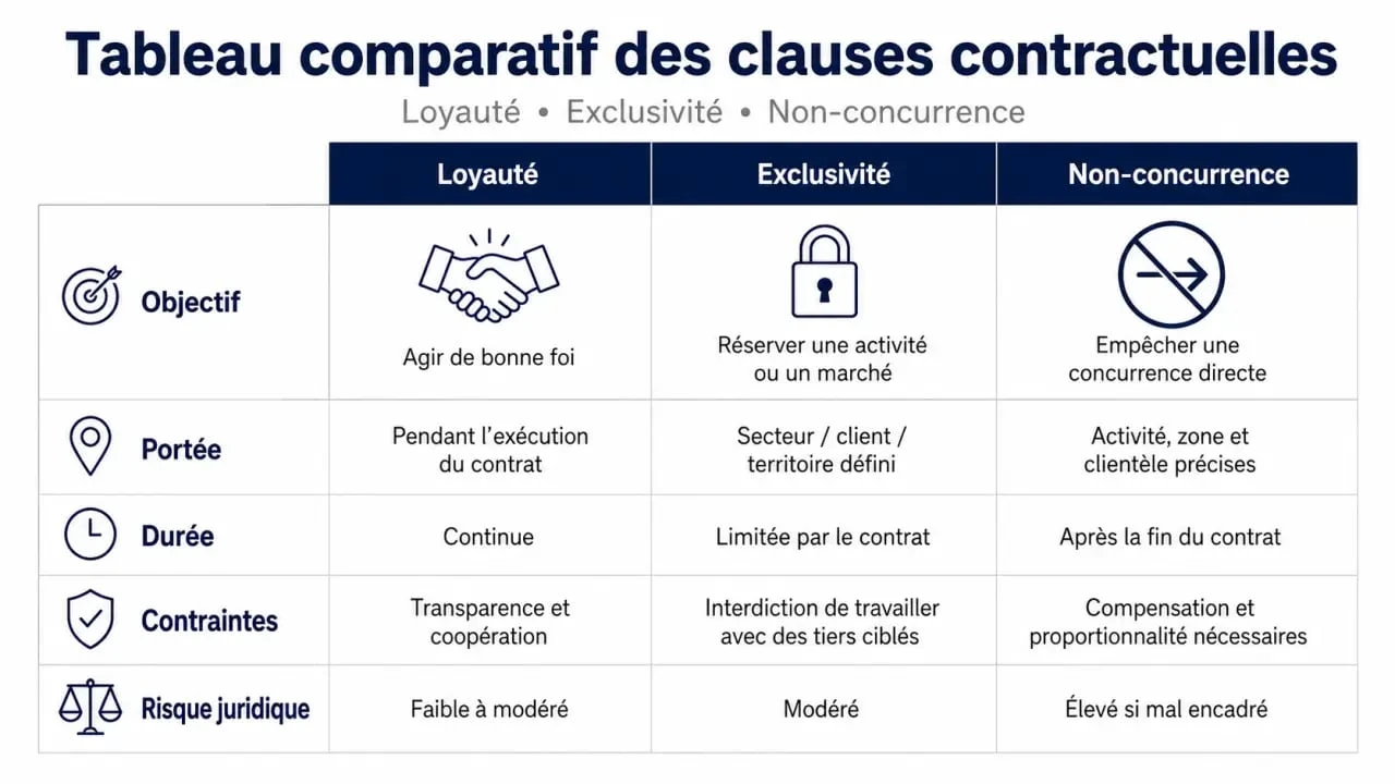 Tableau comparatif des clauses contractuelles pour salarié et auto-entrepreneur : loyauté, exclusivité et non-concurrence