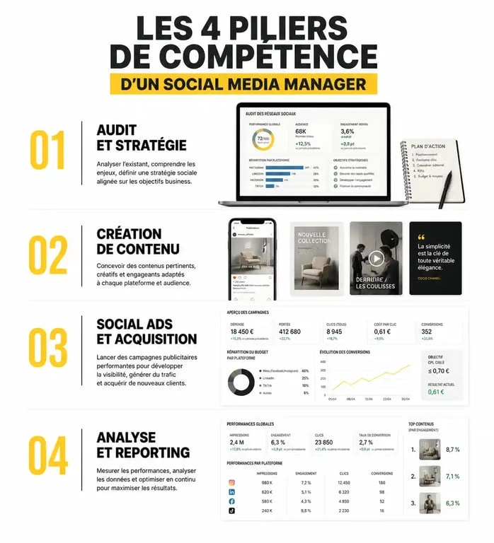 Infographie des compétences clés d'une formation social media manager