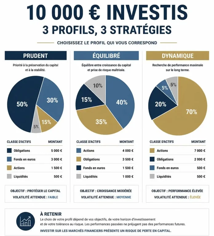 Infographie des profils d'investissement pour placer 10000 euros