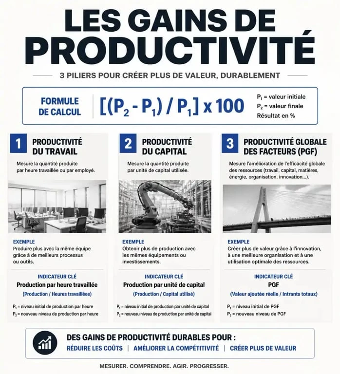 Infographie explicative sur le calcul et les facteurs du gain de productivité