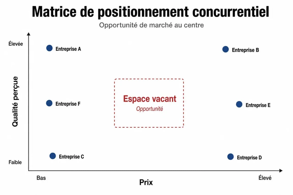 Matrice de positionnement d'une entreprise illustrant les opportunités de différenciation sur le marché