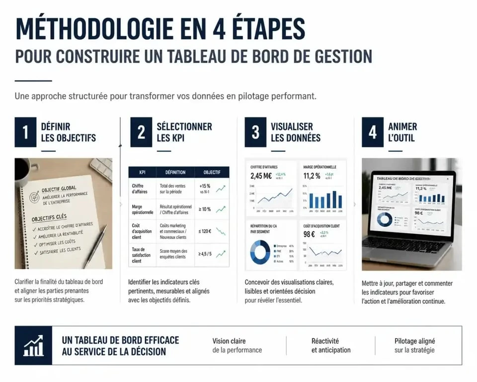 Infographie des 4 étapes pour construire un tableau de bord de management efficace