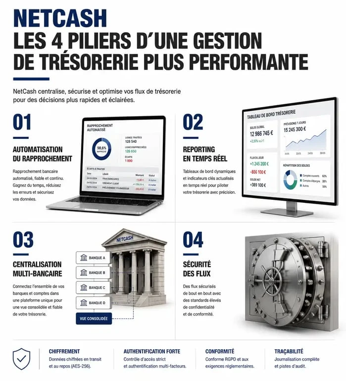 Infographie des fonctionnalités clés de la solution de gestion de trésorerie NetCash pour entreprises