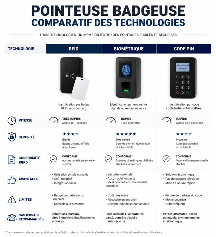 Infographie comparative des technologies de pointeuse badgeuse : RFID, biométrie et code PIN pour la gestion du temps en entreprise.
