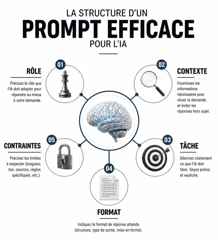 Infographie expliquant la structure d'un prompt IA efficace : rôle, contexte, tâche, format et contraintes.