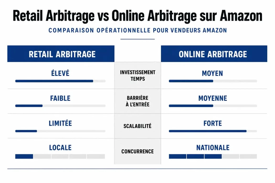 Infographie comparative entre le Retail Arbitrage et l'Online Arbitrage pour réussir sur Amazon