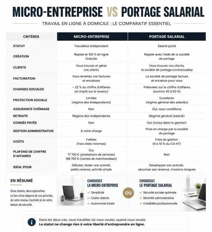 Comparatif des statuts pour le travail en ligne à domicile : micro-entreprise et portage salarial