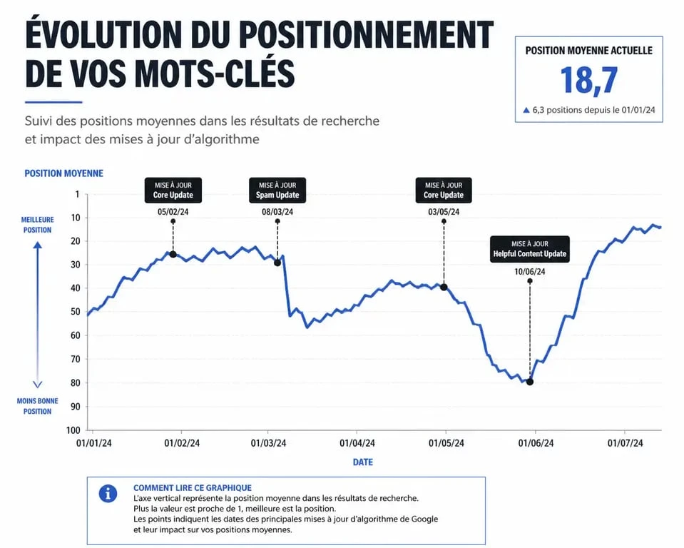 Graphique illustrant l'évolution du suivi des positions SEO dans le temps