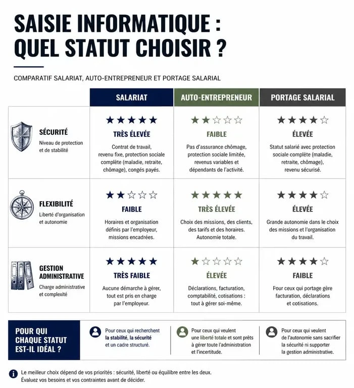 Tableau comparatif des statuts pour le télétravail en saisie informatique : salariat, auto-entrepreneur et portage salarial.