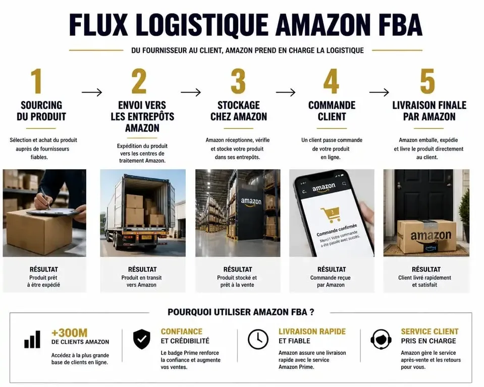 Schéma explicatif du fonctionnement logistique Amazon FBA pour les vendeurs e-commerce