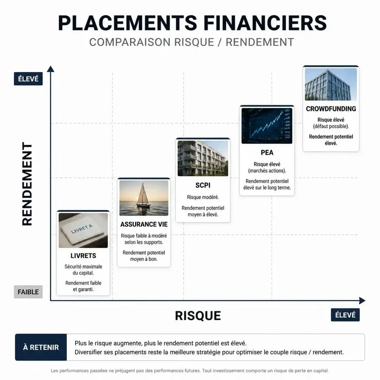 Infographie comparative des placements financiers : rendement et risque pour savoir où mettre son argent