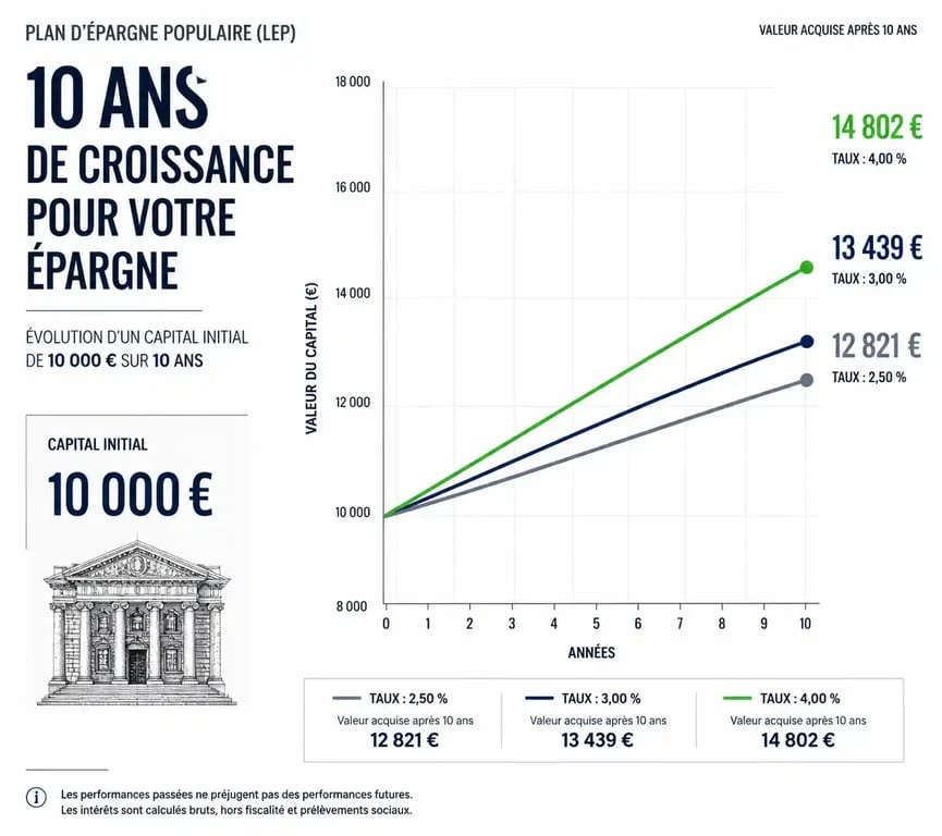 Graphique illustrant l'évolution du capital d'un LEP plein sur 10 ans selon différents taux d'intérêt
