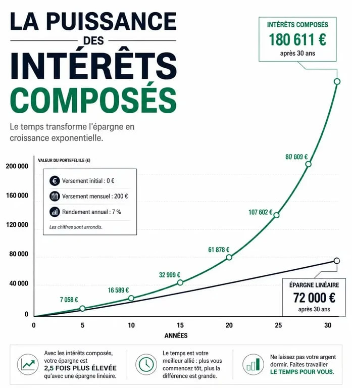 Graphique illustrant l'effet des intérêts composés sur une simulation d'épargne à long terme