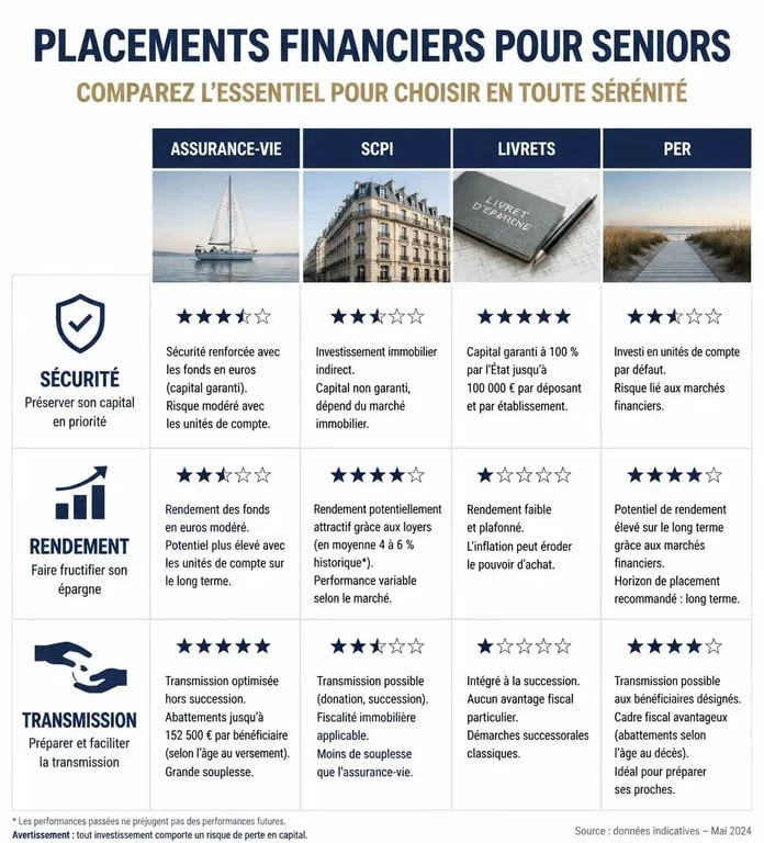 Infographie comparative des meilleurs placements financiers pour seniors : assurance-vie, SCPI et PER.