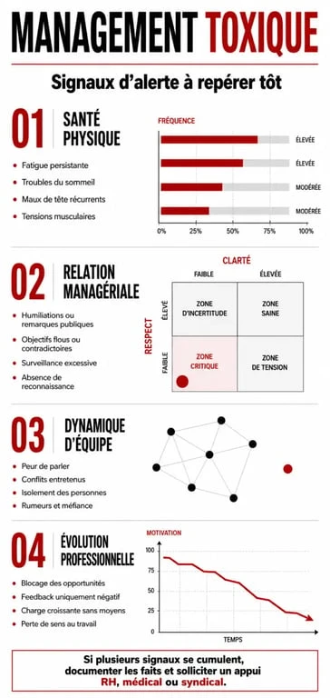 Infographie des signaux d'alerte et exemples de management toxique en entreprise