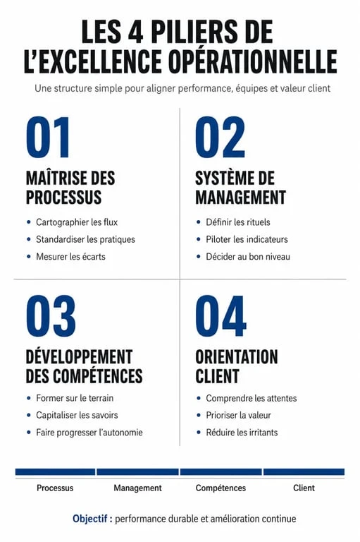 Infographie des 4 piliers de l'excellence opérationnelle pour une performance durable en entreprise