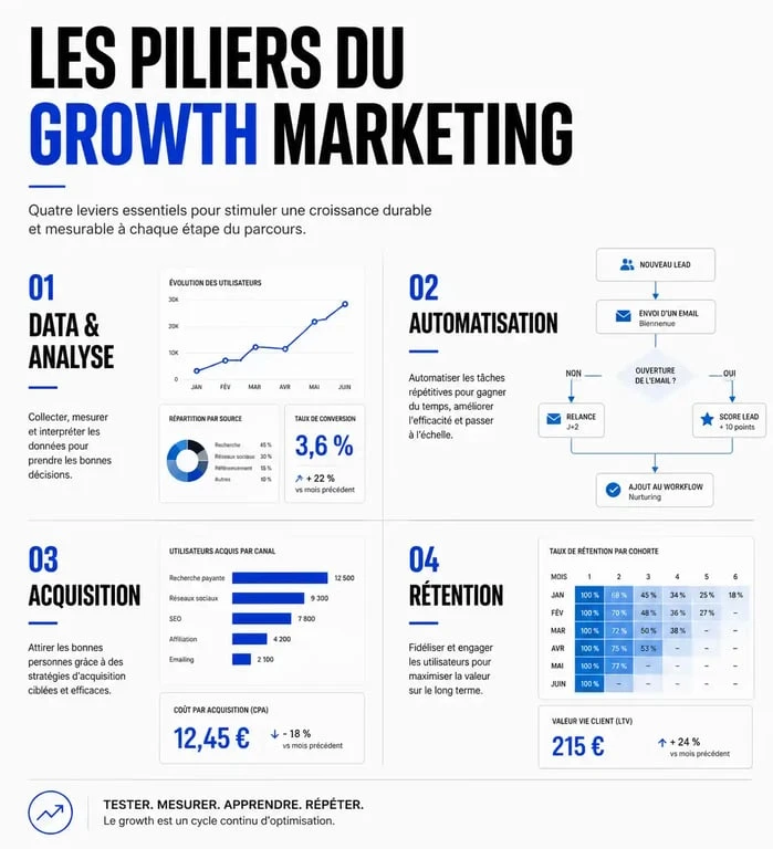 Infographie des piliers et compétences clés d'une formation growth marketing