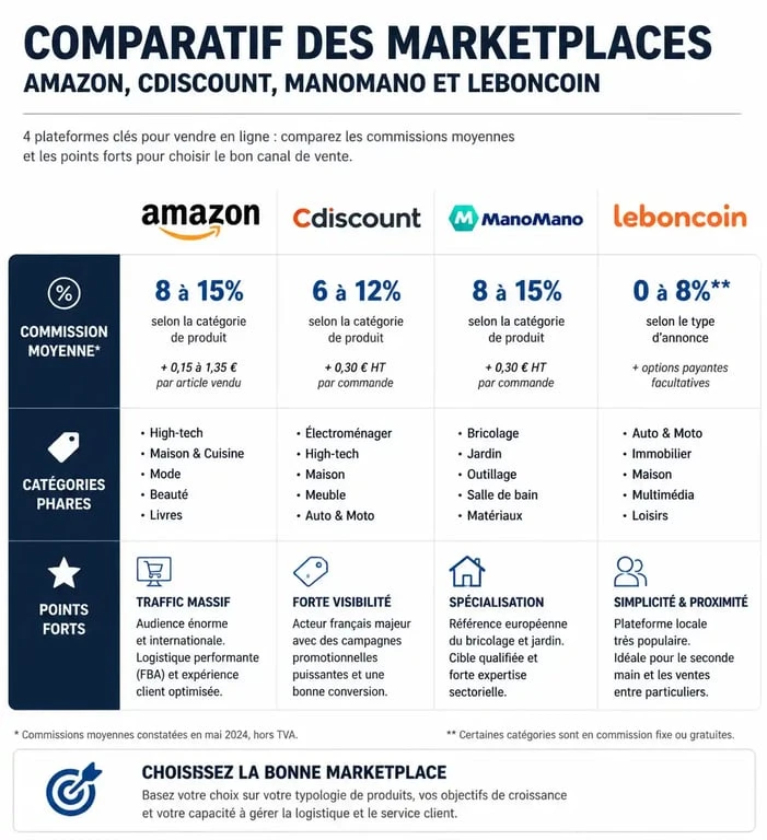 Tableau comparatif des meilleures marketplaces pour e-commerçants : Amazon, Cdiscount, ManoMano et Leboncoin