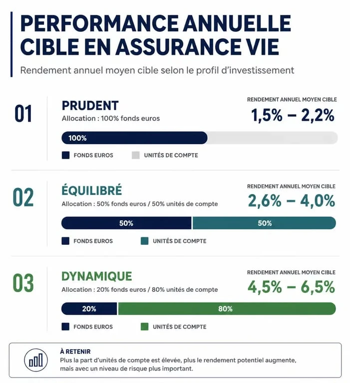 Infographie comparant le rendement annuel cible selon le profil d'investissement en assurance vie : prudent, équilibré et dynamique.