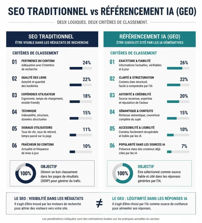 Comparatif SEO traditionnel vs Référencement IA (GEO) pour l'optimisation de contenu