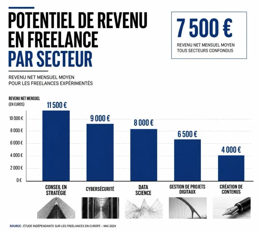 Graphique comparatif des revenus mensuels nets des métiers indépendants les mieux payés