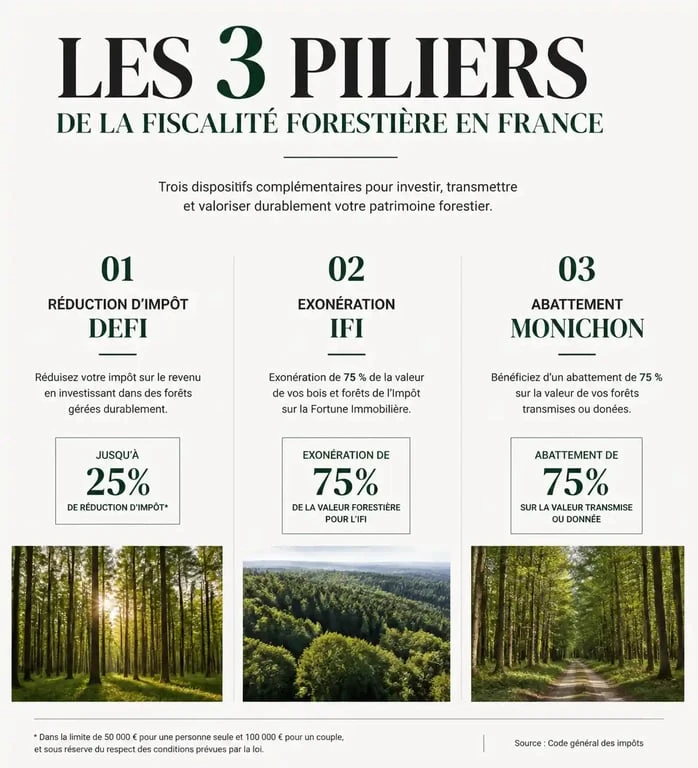 Infographie sur la fiscalité et les avantages fiscaux pour investir dans la forêt en France