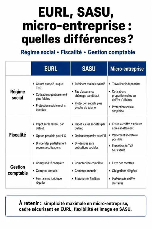 Comparatif des statuts juridiques EURL, SASU et micro-entreprise pour les entrepreneurs