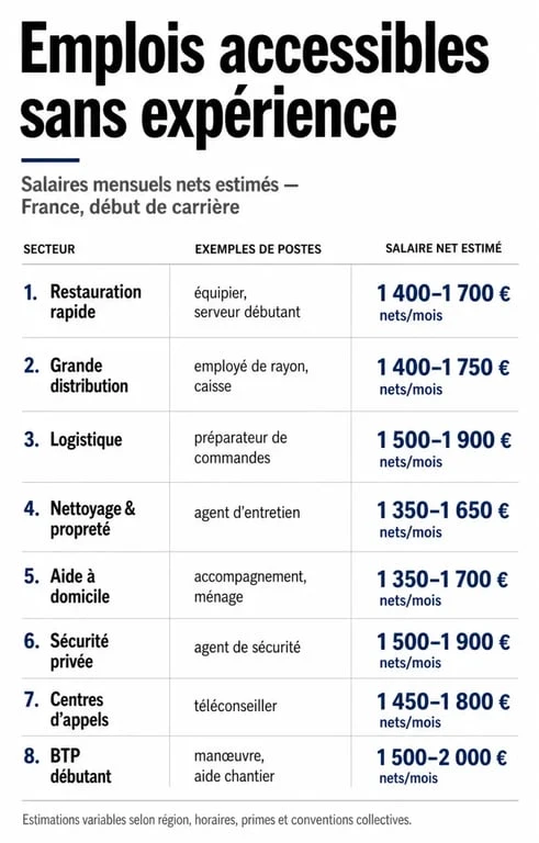 Tableau comparatif des emplois sans expérience bien payés et salaires estimés