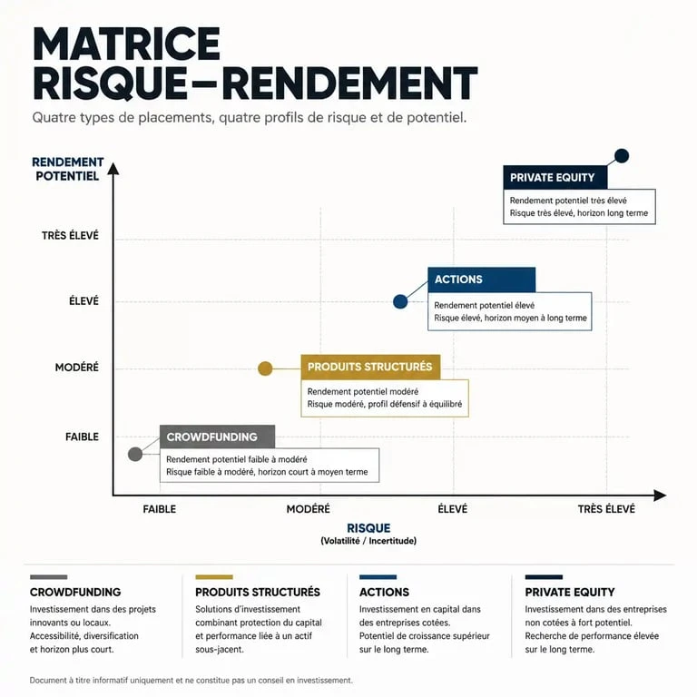 Matrice risque-rendement pour le placement 10 par an : comparaison entre Private Equity, Actions, Produits Structurés et Crowdfunding