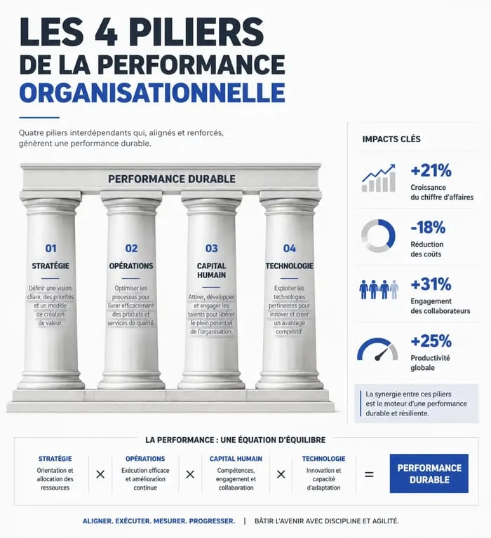 Infographie des piliers de la performance organisationnelle : stratégie, processus, capital humain et technologie.