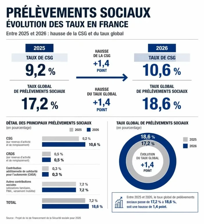 Tableau comparatif de la hausse de la CSG épargne 2026 et des prélèvements sociaux