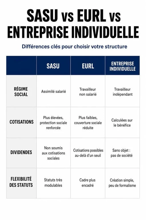 Tableau comparatif des formes juridiques : SASU, EURL et Entreprise Individuelle pour choisir sa structure
