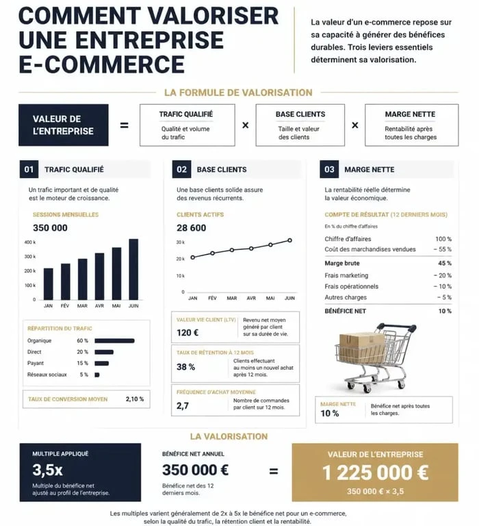 Infographie sur les critères de valorisation pour la vente d'un site e-commerce